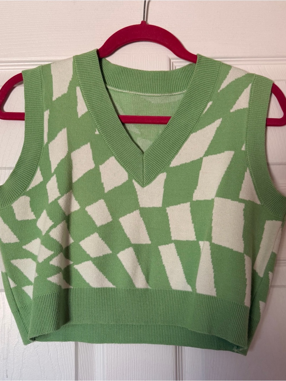 Checkered Green and Cream V-Neck Sweater Vest